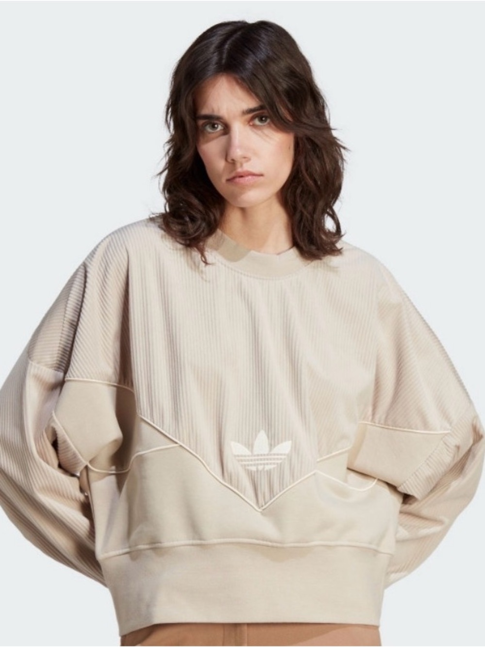 adidas Beige Ribbed Trefoil Cropped Sweatshirt